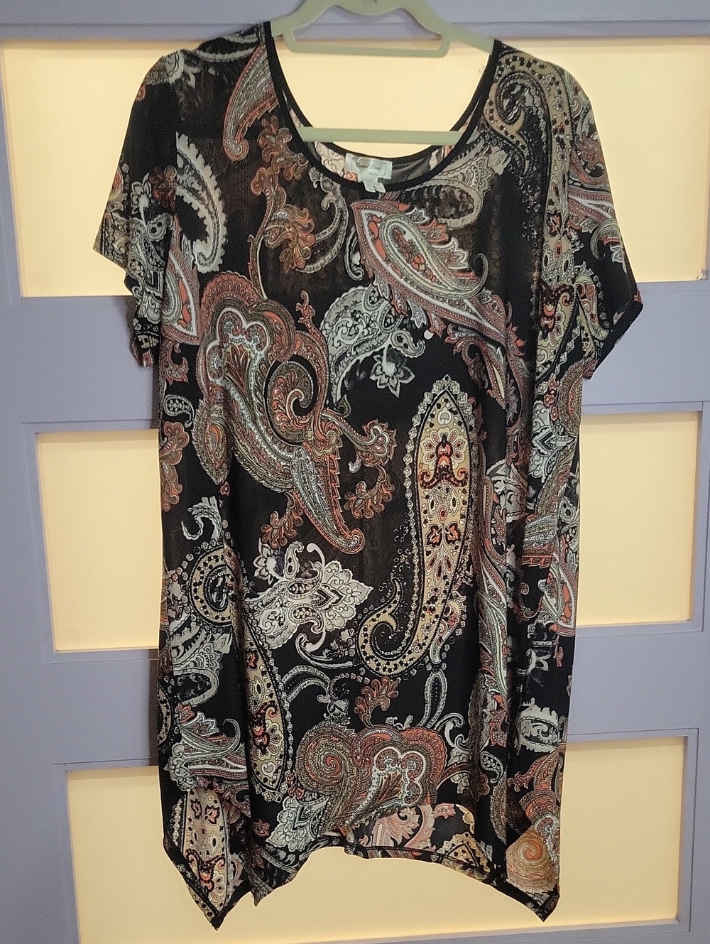 Women's Paisley Short Sleeve Tunic Top - Black with Orange & Cream Accents